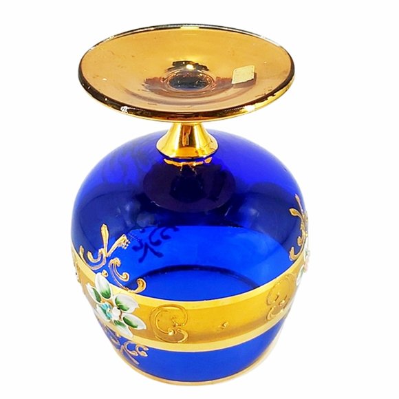 Murano Italy Cobalt Blue Goblet Gold Enamel Floral - Picture 6 of 8